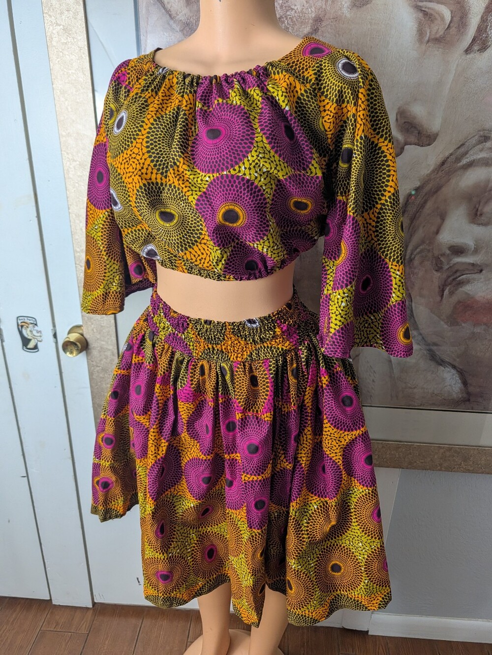 Premium Ankara African Print Two Piece Set • Elastic Crop Top & Skirt Size S